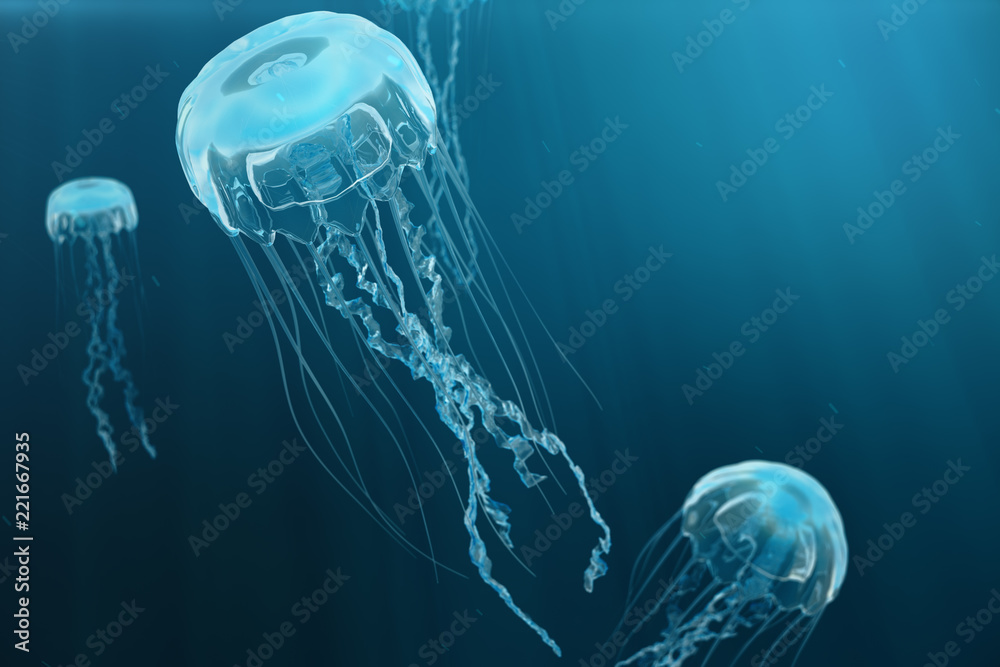 Obraz premium 3D illustration background of jellyfish. Jellyfish swims in the ocean sea, light passes through the water, creating the effect of volume-rays. Dangerous blue jellyfish