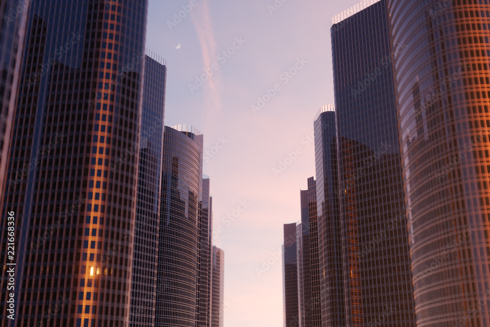 3D illustration Low angle view of skyscrapers. Skyscrapers at sunset looking up perspective. Bottom view of skyscrapers in business district in evening light or sunset. Business concept of success