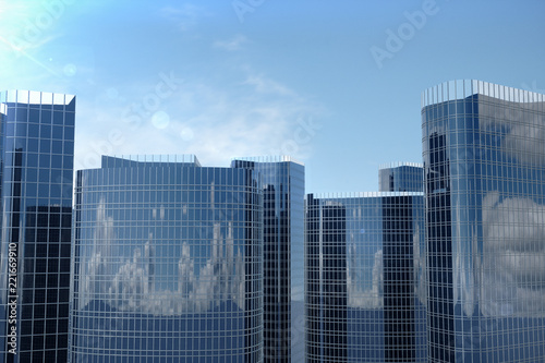 3D Illustration blue skyscrapers from a low angle view. Architecture glass high buildings. Blue skyscrapers in a finance district