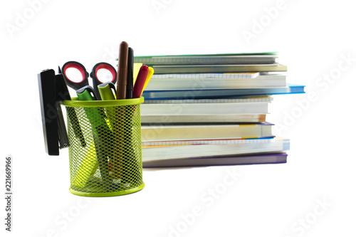 education, school supplies, art, creativity and object concept - close up of stationery on wooden table