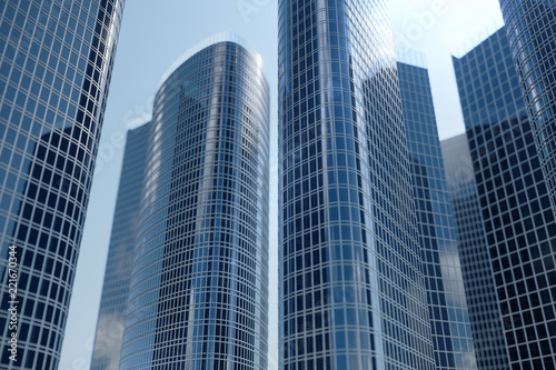 3D illustration Low angle view of skyscrapers. Skyscrapers at in day looking up perspective. Bottom view of skyscrapers in business district in daylight. Business concept of success © rost9