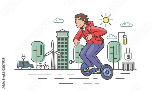 Young guy in red hoody riding hoverboard on stylized eco-city background. Flat line vector illustration. Isolated on white background. Horizontal.