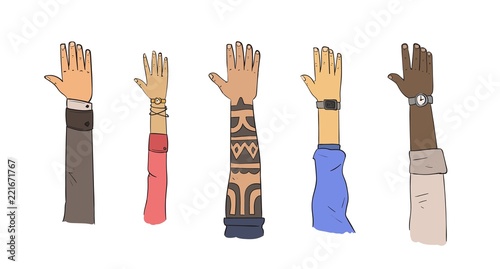 Set of hands, different ethnicities and lifestyles. Flat vector illustration. Isolated on white background.