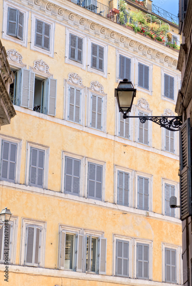 View of old building and windows in historical centre of Rome - Italy