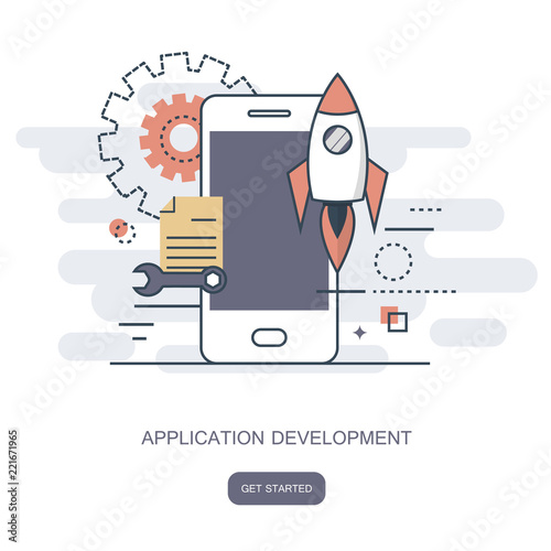 Mobile application and mobile app development concept. Flat vector illustration.