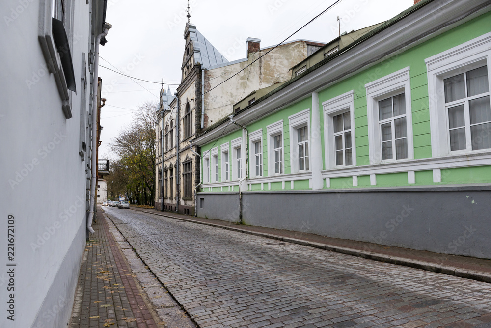 view street Vyborg, Russia, cobblestone road, buildings, old city, cityscape