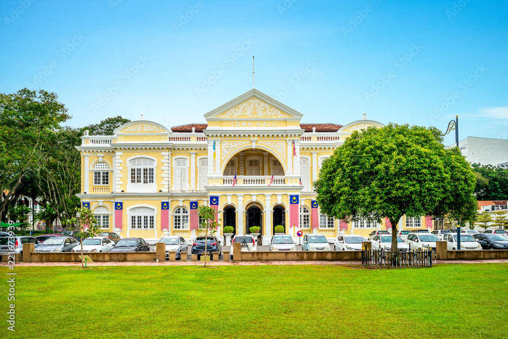 facade of town hall in george town, penang, malaysia