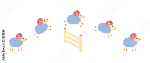 Herd of lamb or sheep jumping over the fence.
