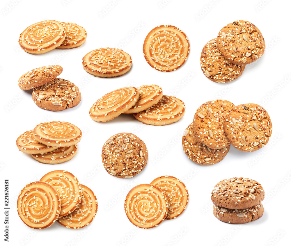 Set with grain cereal cookies on white background. Healthy snacks Set with grain cereal cookies on white background. Healthy snacks