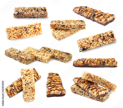Set with grain cereal bars on white background. Healthy snacks