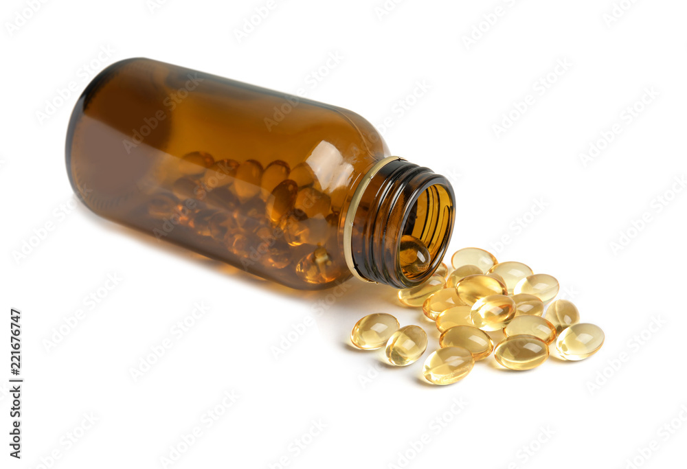Bottle with cod liver oil pills on white background - obrazy, fototapety, plakaty 