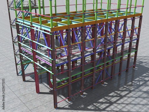 BIM model of a building made of metal structure. 3D architectural, construction, industrial and engineering background. Modern design drawings. 3D rendering.