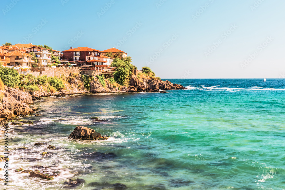 Fragment of the old town of Sozopol, Bulgaria. View of the bay on the Black Sea in the town.