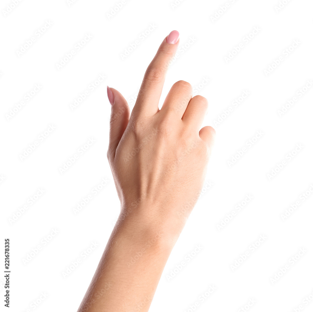 Woman pointing to something on white background, closeup Woman pointing to something on white background, closeup