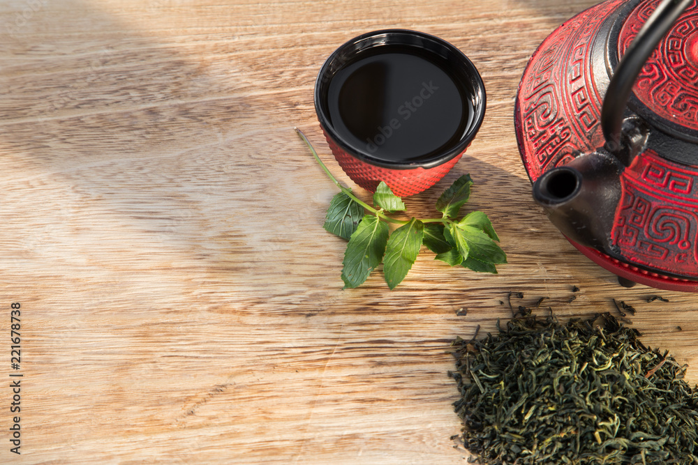 Asian tea set on wooden table Asian tea set on wooden table