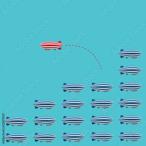 Think differently concept. Red blimp changing direction. New idea, change, trend, courage, creative solution, innovation and unique way concept. Vector illustration
