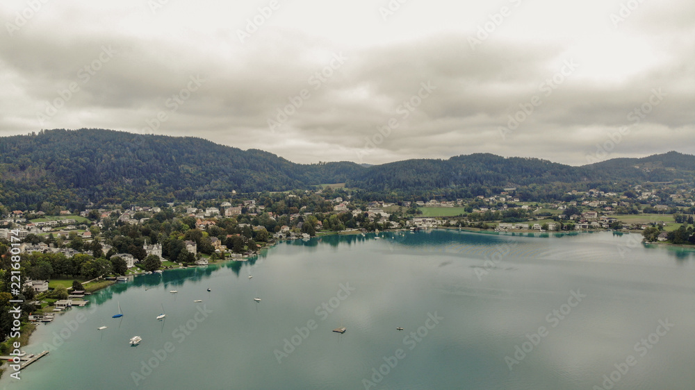 Aerial view of Portschach Am Worthersee small town on beautiful lake Worthersee in Austria