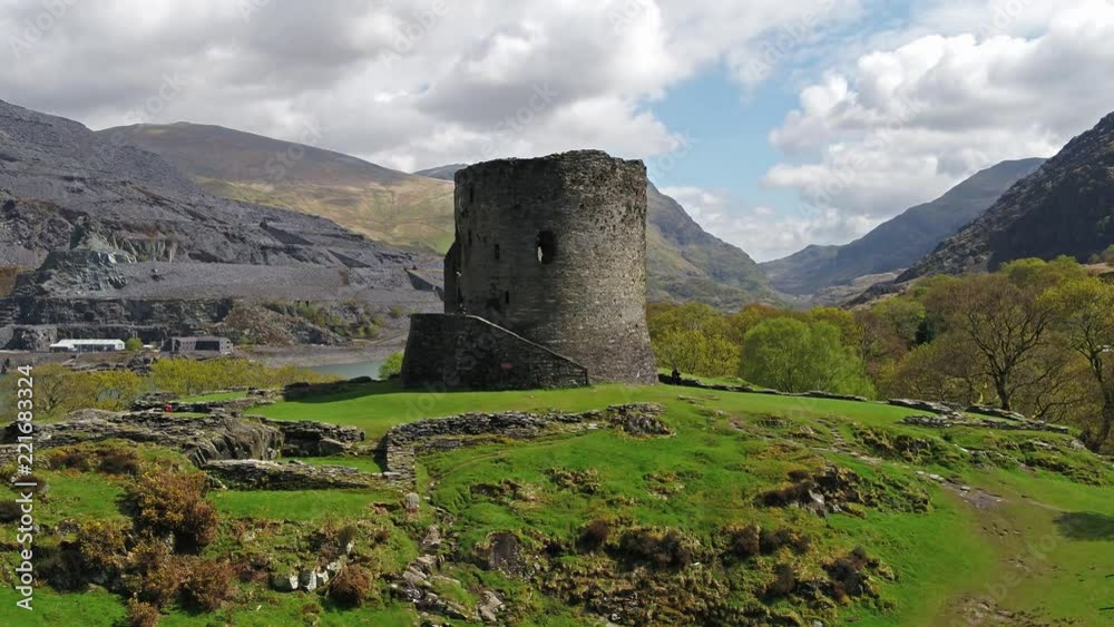 Aerial view of the historic Dolbadarn Castle in Llanberis, Snowdonia - Wales , built in the 13th Century Aerial view of the historic Dolbadarn Castle in Llanberis, Snowdonia - Wales , built in the 13th Century