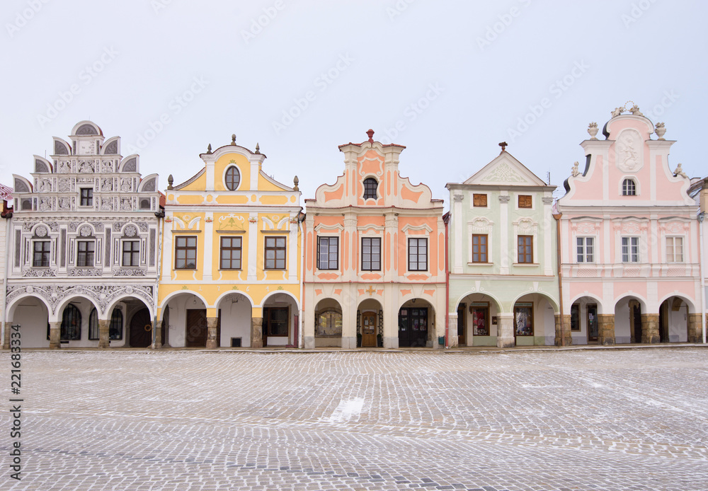 Fototapeta premium Traditional houses on the main square of Telc, Czech Republic.