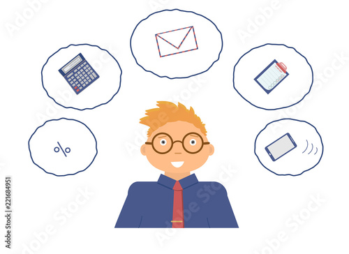 Very busy financial accountant with many thoughts about job. There are a calculator, percent, an envelope, a mobile telephone and to do list. Vector illustration