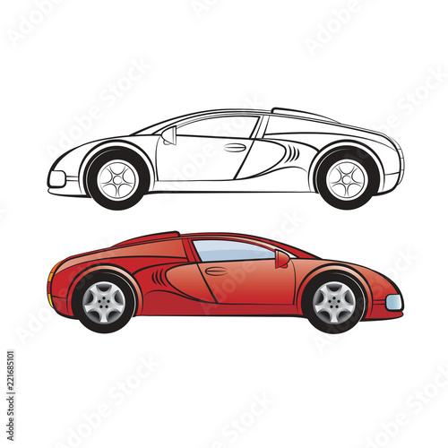 red and black outline sport car isolated on white back ground