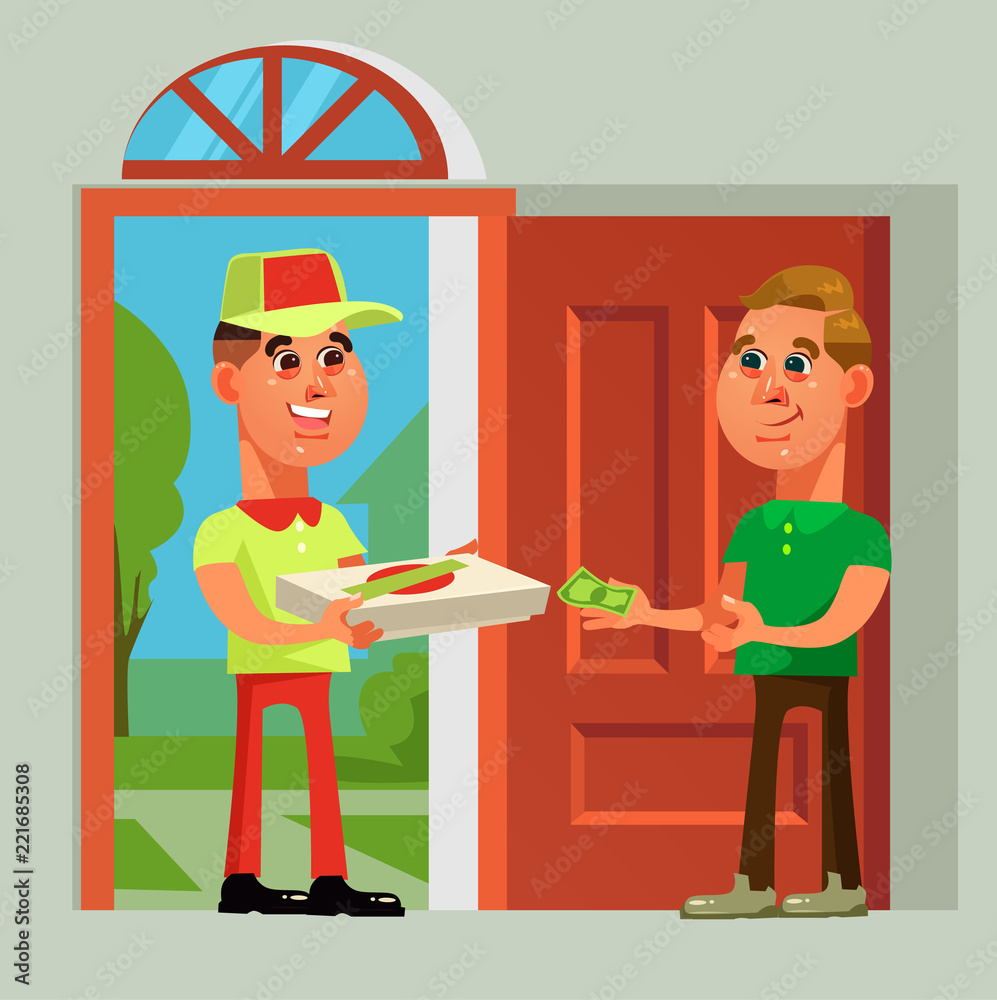 Pizza delivery man bring food to consumer character. Take away fast food  vector cartoon illustration Stock Vector | Adobe Stock