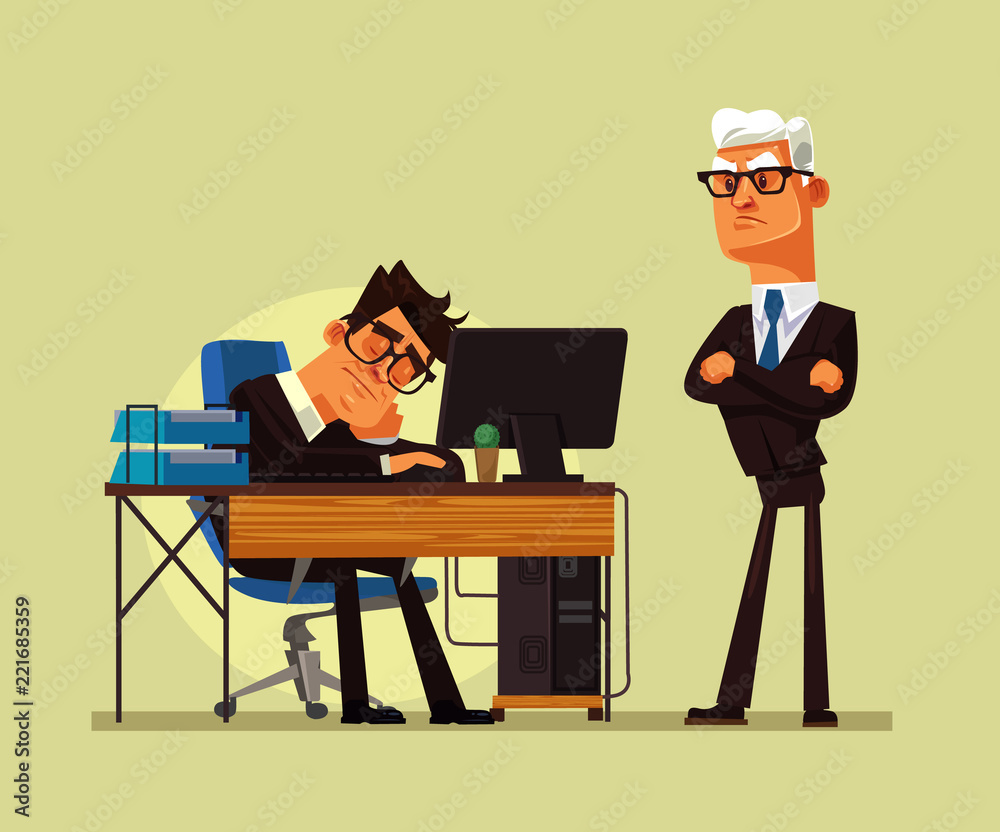 Tired office worker man character sleeping at workplace and angry boss yelling at him. Hard work vector cartoon illustration Stock Vector | Adobe Stock Tired office worker man character sleeping at workplace and angry boss yelling at him. Hard work vector cartoon illustration Stock Vector | Adobe Stock