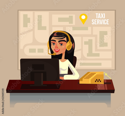 Taxi call center office woman character. Vector flat cartoon illustration