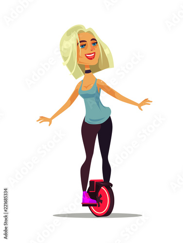 Happy smiling woman girl character riding monowheel. Modern technology vector cartoon illustration