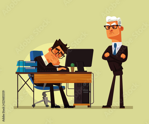 Tired office worker man character sleeping at workplace and angry boss yelling at him. Hard work vector cartoon illustration