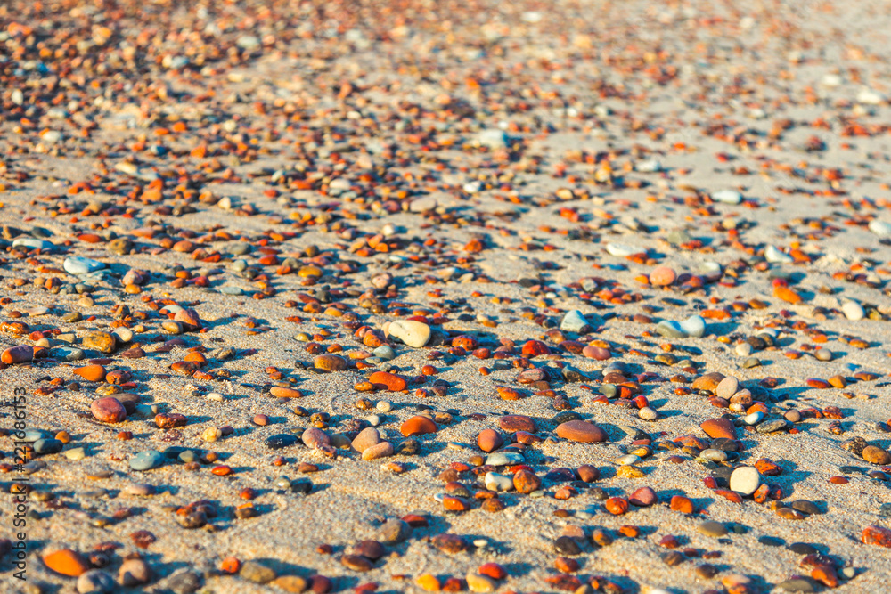 multicolored pebbles on a sea sandy beach on a sunny afternoon close up blurred background multicolored pebbles on a sea sandy beach on a sunny afternoon close up blurred background