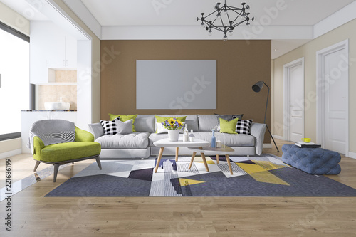 3d rendering modern dining room and living room with minimal decor
