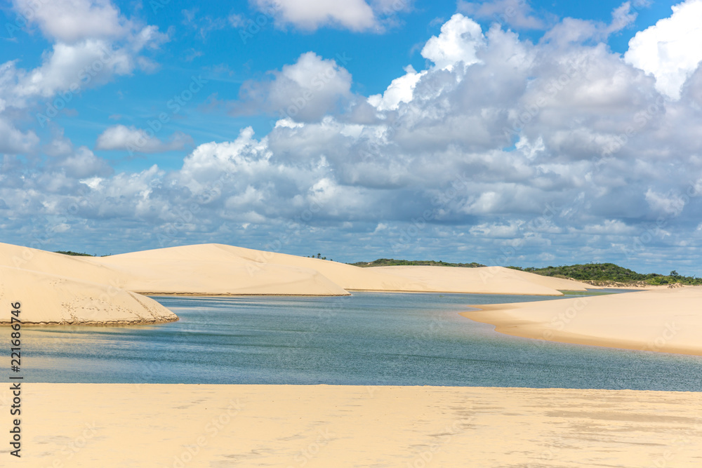 Freshwater lagoons in the middle of a white sand desert, clouds in the sky with green trees in the background