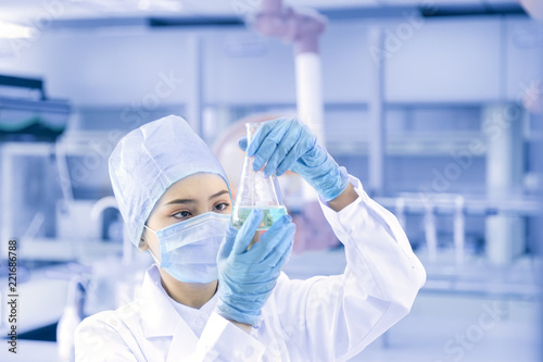 Female scientist looking at the sample in the laboratory