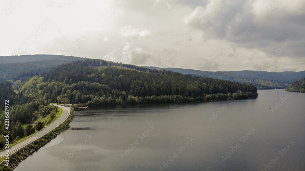 Aerial view of Stausee Soboth beautiful lake in Austria