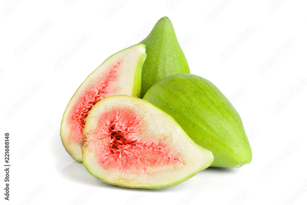 Ripe green fig fruit and half isolated on white background Ripe green fig fruit and half isolated on white background