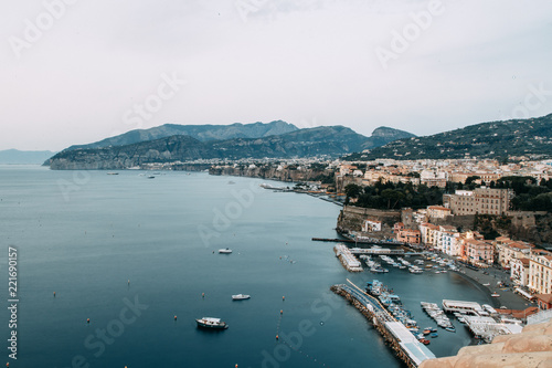 Views of the city of Sorrento in Italy, panorama and top view. Night and day, the streets and the coast. Beautiful landscape and brick roofs. Architecture and monuments of antiquity.