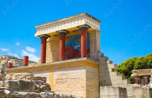 Greece, Crete, Heraklion. Parade facade of the Knossos palace with sacred bull fresco. Iconic part of the surviving Knossos palace.