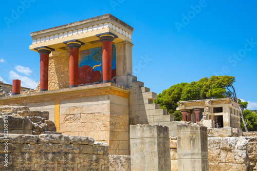 Greece, Crete, Heraklion. Parade facade of the Knossos palace with sacred bull fresco. Iconic part of the surviving Knossos palace. photo