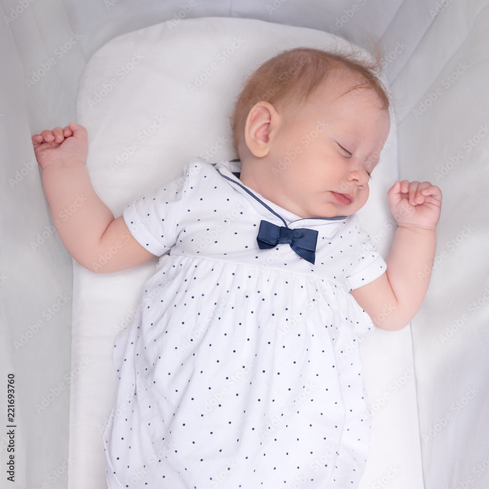 Sleep concept. Baby having a nap in baby crib. Toddler sleeping concept. Baby s sleeping background. Cute sleeping girl. Beautiful girl at white dress. Little lady Stock Photo Adobe Stock