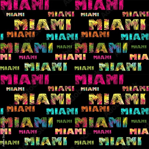 Wallpaper with Miami lettering floral print with colorful coconut palm leaves on dark background