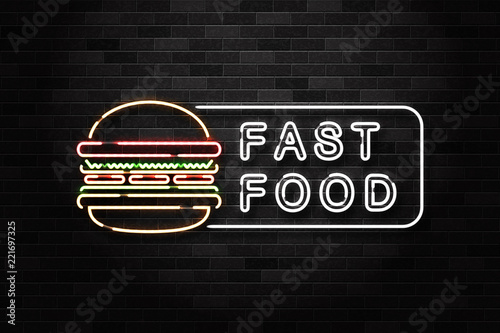 Vector realistic isolated neon sign of fast food logo with burger for decoration and covering on the wall background. Concept of fast food, cafe and restaurant.