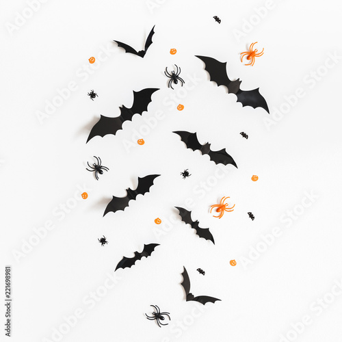 Halloween decorations on white background. Halloween concept. Flat lay, top view, copy space, square