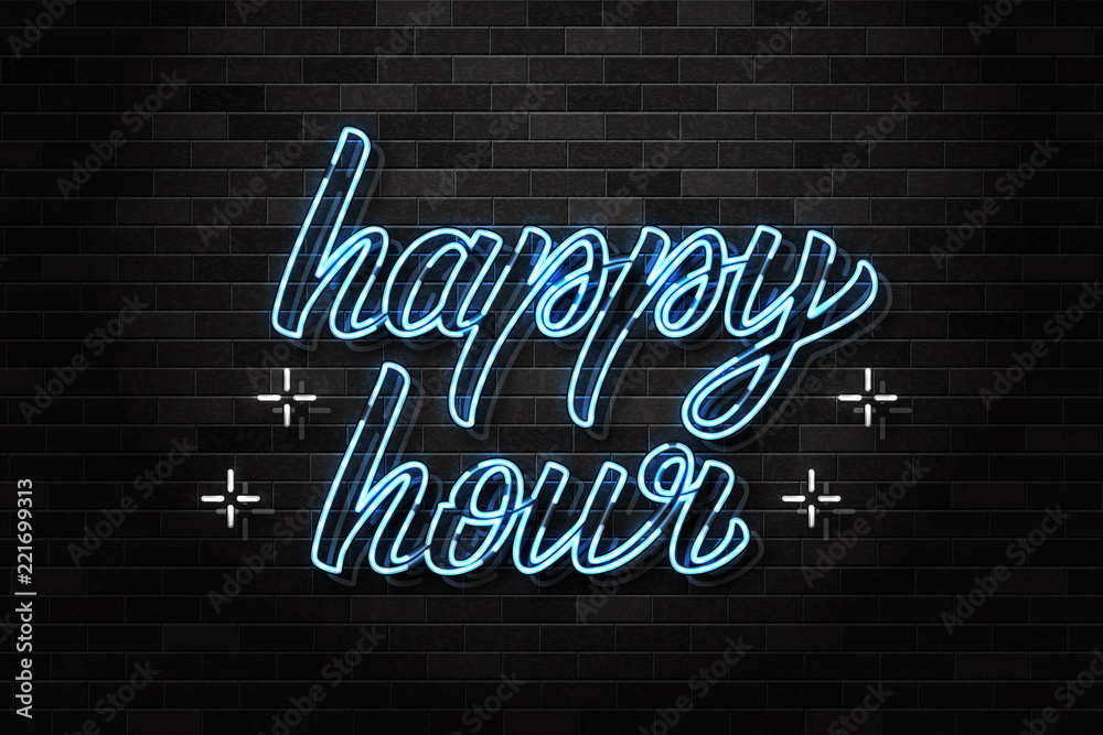 Vector realistic isolated neon sign of Happy Hour typography logo