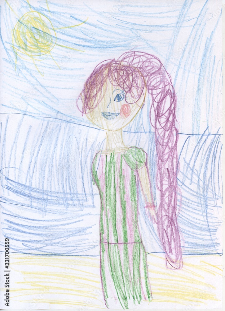 Children`s pencil drawings. Portrait of a girl. Children`s pencil drawings. Portrait of a girl.
