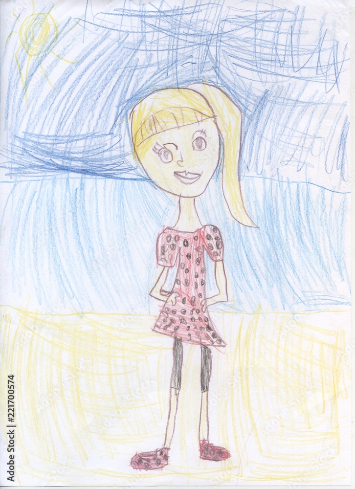 Children`s pencil drawings. Portrait of a girl. Children`s pencil drawings. Portrait of a girl.