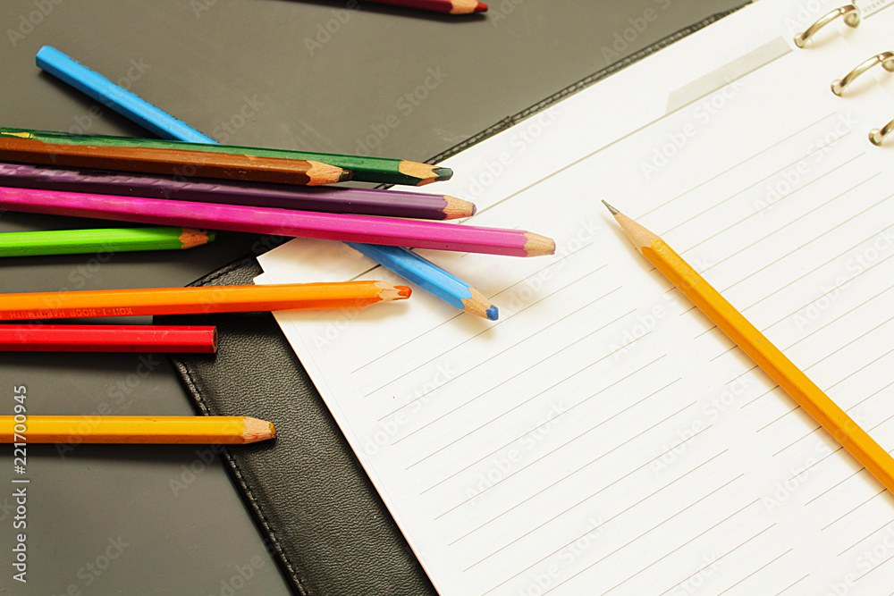 The notebooks and colored pencils. Business concept The notebooks and colored pencils. Business concept