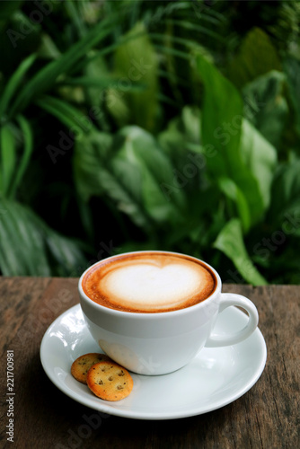 Vertical Photo of a Cup of Hot Cappuccino Coffee with Cookies Served on Wooden Table with Blurred Green Foliage in Background 