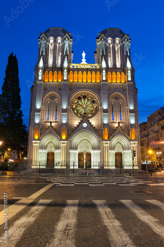 Fototapeta Naklejka Na Ścianę i Meble -  Basilica of Notre Dame de Nice at Night in France