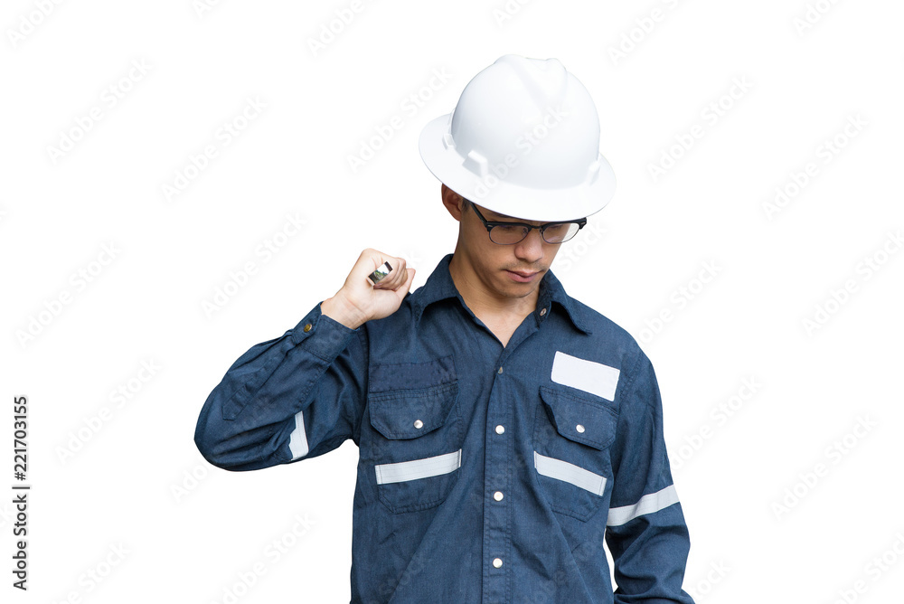 Asian man,Engineer or Technician in white helmet, glasses and blue working shirt suit holding wrench, isolated on white, mechanic and Oil and Gas industrial concept with clipping path Asian man,Engineer or Technician in white helmet, glasses and blue working shirt suit holding wrench, isolated on white, mechanic and Oil and Gas industrial concept with clipping path